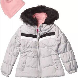 LONDON FOG Girls Quilted Puffer Jacket w/ Fleece Hat gray pink faux fur trim 7/8